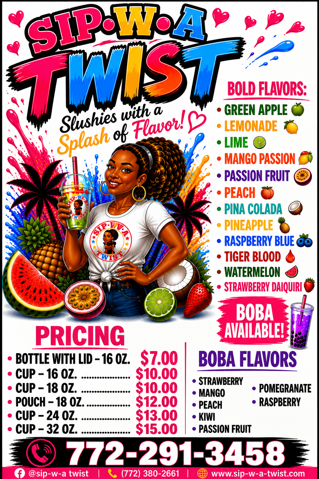 SIP-W-A TWIST menu with slushie flavors, boba flavors, prices, and phone number